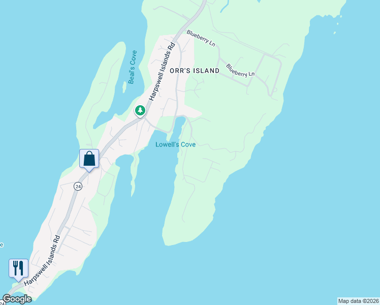 map of restaurants, bars, coffee shops, grocery stores, and more near 99 Lowells Cove Road in Harpswell