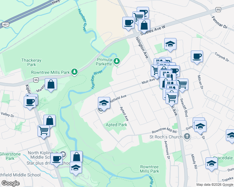 map of restaurants, bars, coffee shops, grocery stores, and more near 55 Muir Avenue in Toronto
