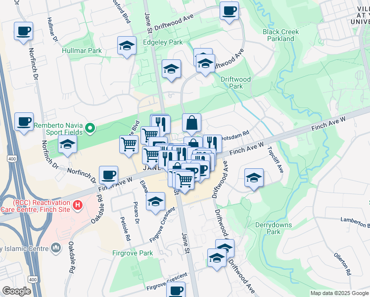 map of restaurants, bars, coffee shops, grocery stores, and more near 10 San Romanoway in Toronto