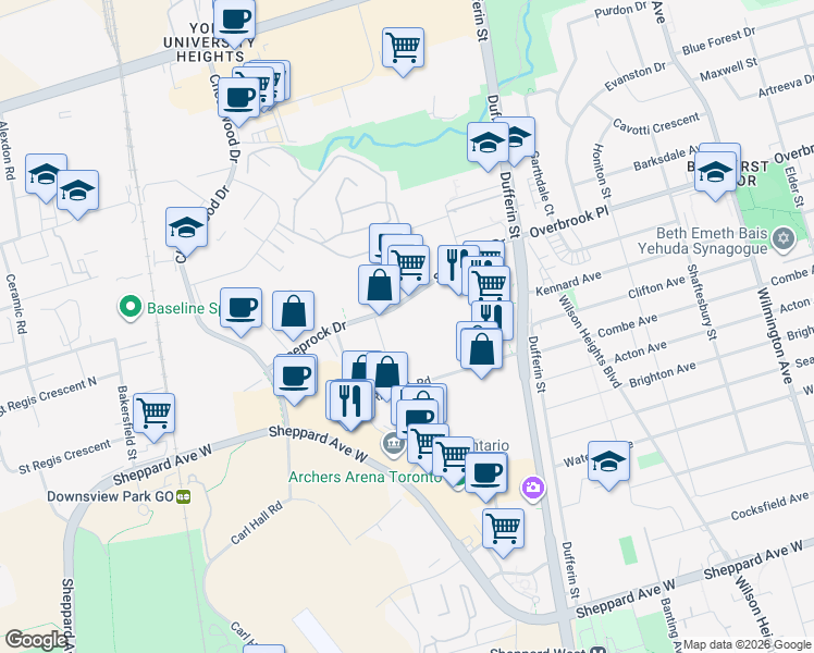 map of restaurants, bars, coffee shops, grocery stores, and more near 555 Steeprock Drive in Toronto