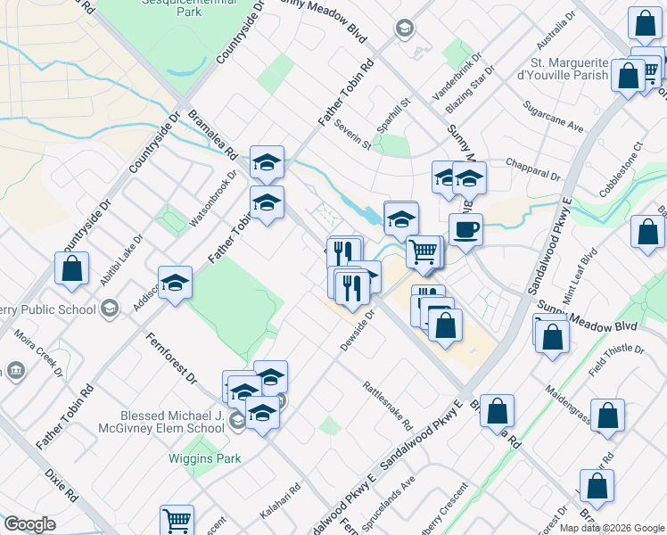 map of restaurants, bars, coffee shops, grocery stores, and more near 60 Fairwood Circle in Brampton
