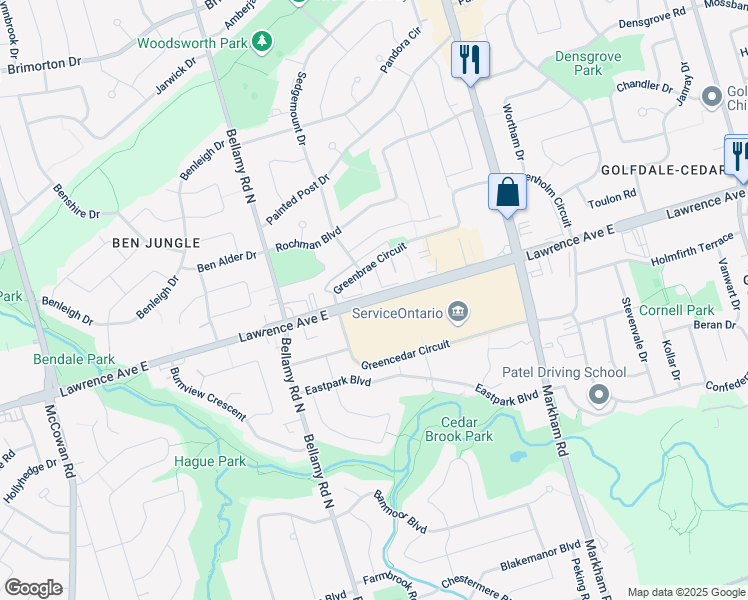 map of restaurants, bars, coffee shops, grocery stores, and more near 3441 Lawrence Avenue East in Toronto