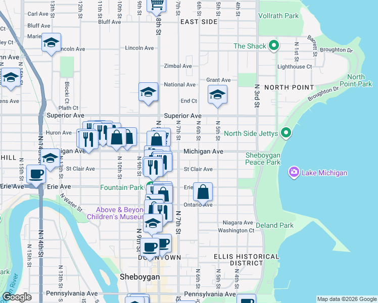 map of restaurants, bars, coffee shops, grocery stores, and more near 1215 North 7th Street in Sheboygan