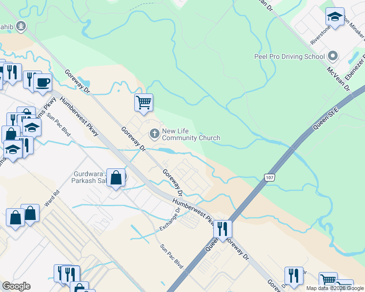 map of restaurants, bars, coffee shops, grocery stores, and more near 65 Yorkland Boulevard in Brampton