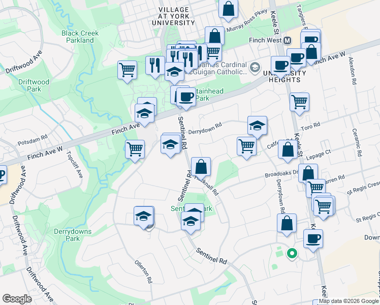 map of restaurants, bars, coffee shops, grocery stores, and more near 66 Killamarsh Drive in Toronto