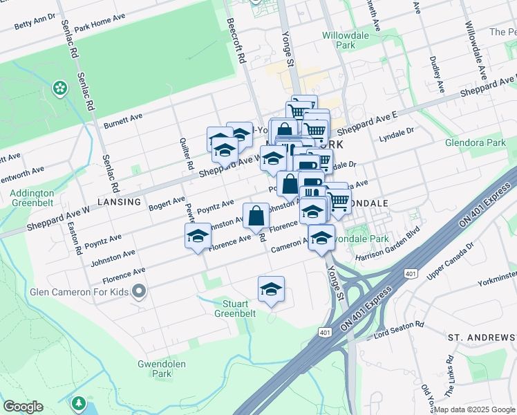 map of restaurants, bars, coffee shops, grocery stores, and more near 64 Johnston Avenue in Toronto