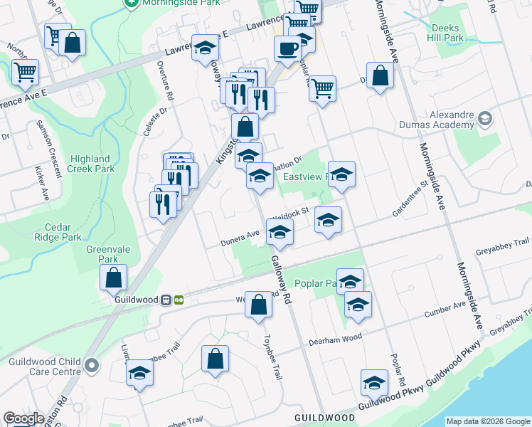 map of restaurants, bars, coffee shops, grocery stores, and more near 107 Galloway Road in Toronto