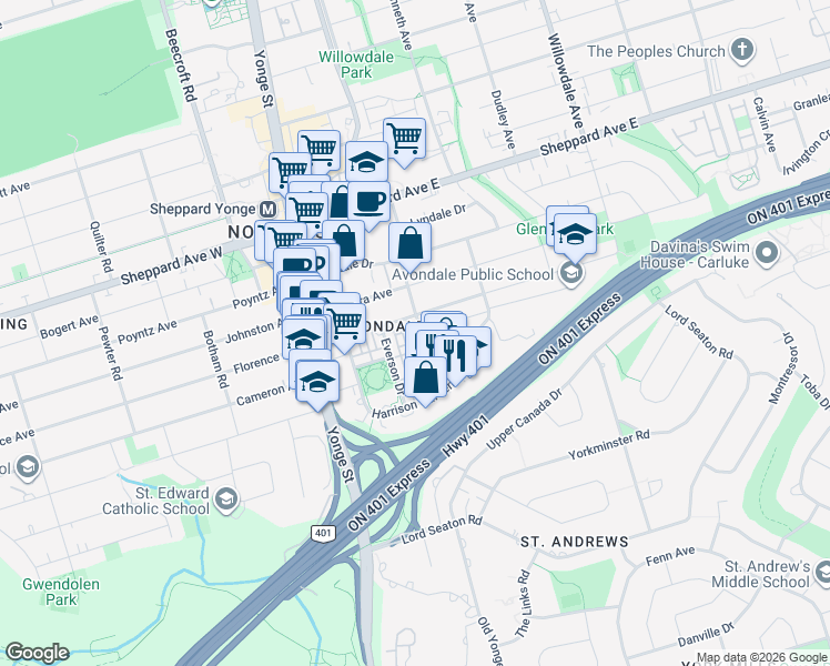 map of restaurants, bars, coffee shops, grocery stores, and more near 11 Everson Drive in Toronto