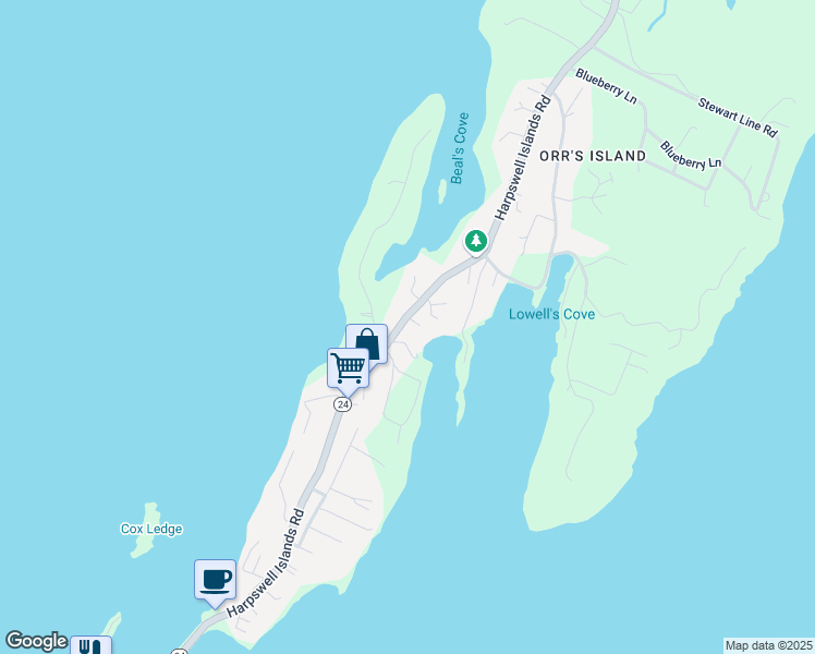 map of restaurants, bars, coffee shops, grocery stores, and more near 1761 Harpswell Island Road in Harpswell
