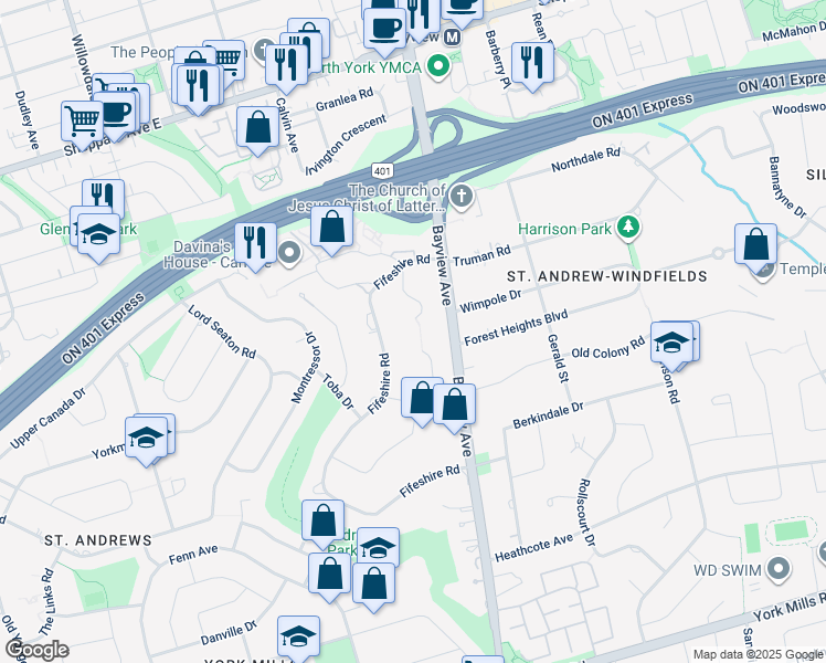 map of restaurants, bars, coffee shops, grocery stores, and more near in Toronto