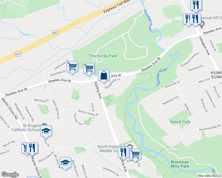 map of restaurants, bars, coffee shops, grocery stores, and more near 41 Markbrook Lane in Toronto