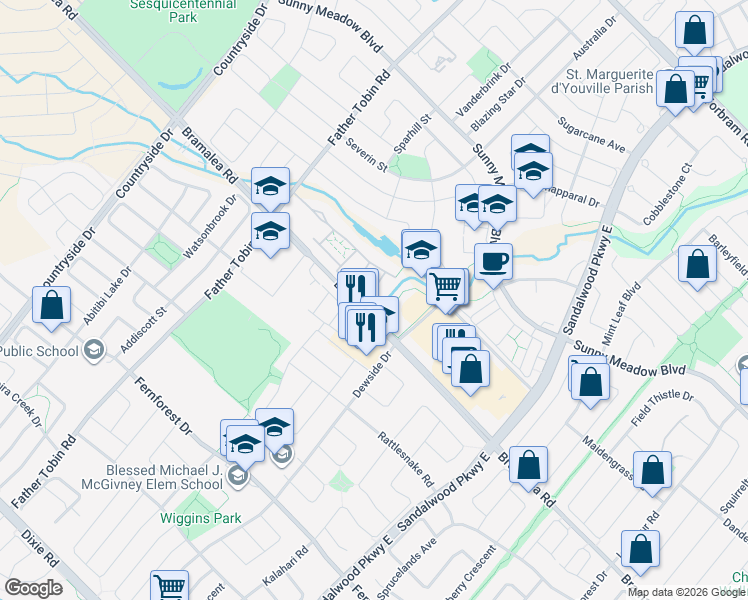 map of restaurants, bars, coffee shops, grocery stores, and more near 10794 Bramalea Road in Brampton