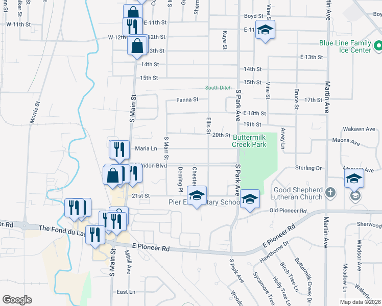 map of restaurants, bars, coffee shops, grocery stores, and more near 121 Guindon Boulevard in Fond du Lac