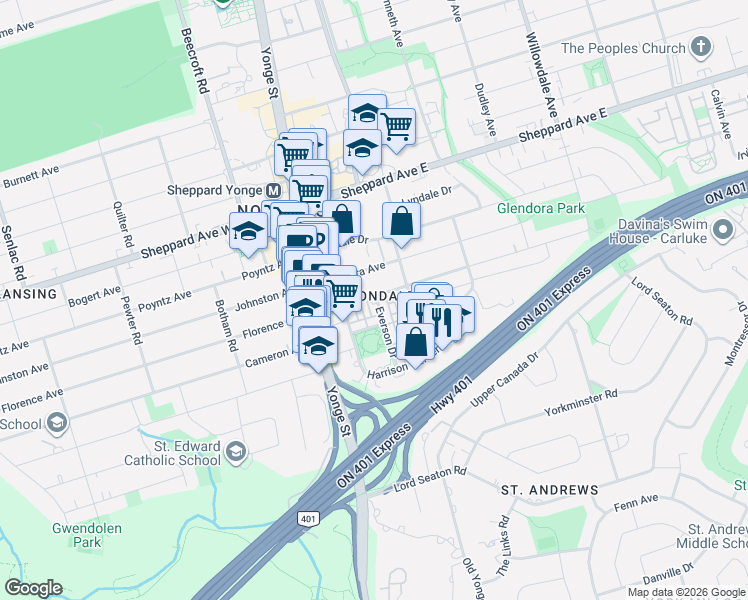 map of restaurants, bars, coffee shops, grocery stores, and more near 44 Avondale Avenue in Toronto