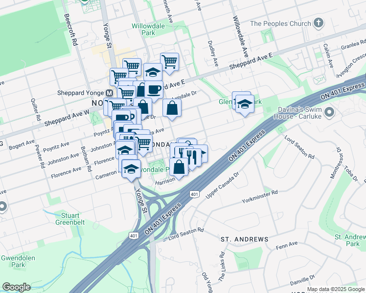 map of restaurants, bars, coffee shops, grocery stores, and more near 2 Oakburn Crescent in Toronto