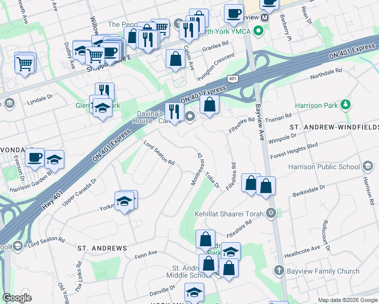 map of restaurants, bars, coffee shops, grocery stores, and more near 64 Montressor Drive in Toronto