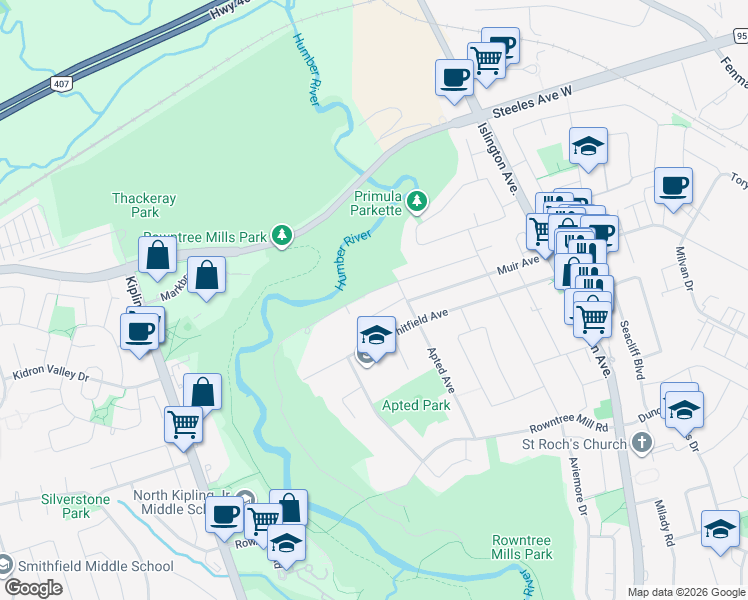 map of restaurants, bars, coffee shops, grocery stores, and more near in Toronto