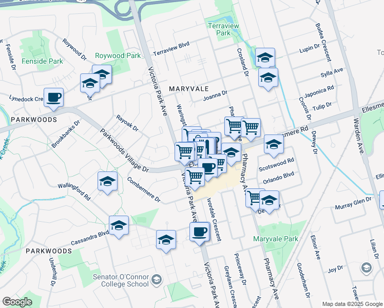 map of restaurants, bars, coffee shops, grocery stores, and more near 36 Ellesmere Road in Toronto