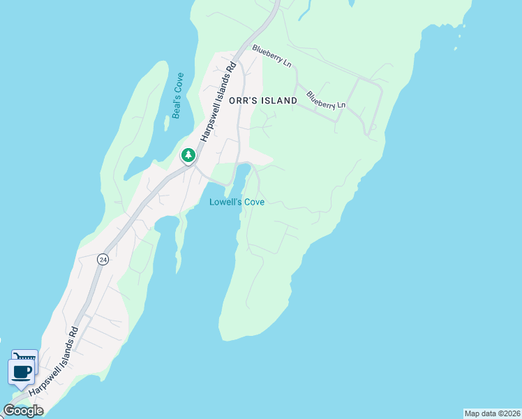 map of restaurants, bars, coffee shops, grocery stores, and more near 54 Back Shore Lane in Harpswell