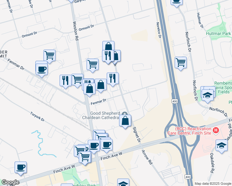 map of restaurants, bars, coffee shops, grocery stores, and more near in Toronto