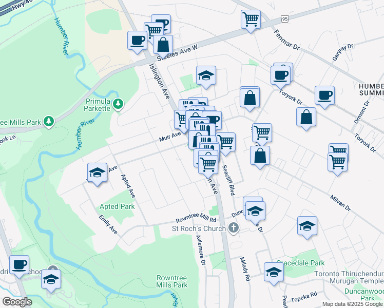 map of restaurants, bars, coffee shops, grocery stores, and more near in Toronto