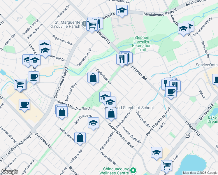 map of restaurants, bars, coffee shops, grocery stores, and more near 25 Zebra Trail in Brampton