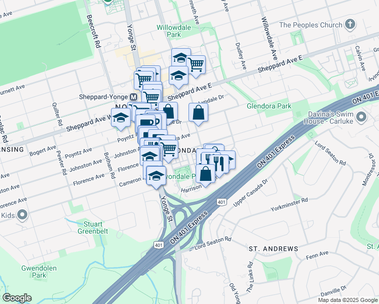 map of restaurants, bars, coffee shops, grocery stores, and more near 11 Everson Drive in Toronto