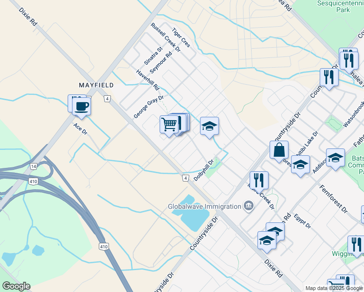 map of restaurants, bars, coffee shops, grocery stores, and more near 20 Ledger Point Crescent in Brampton