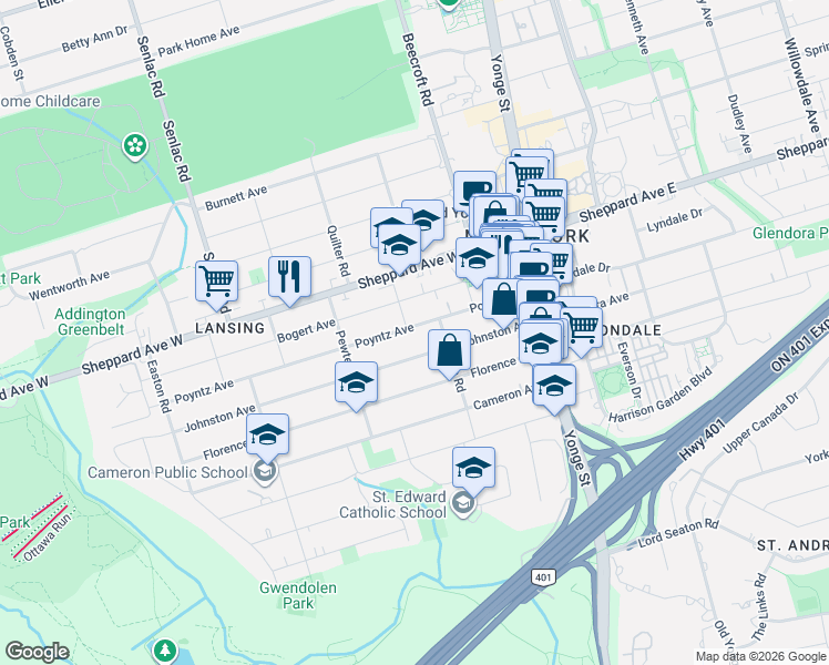 map of restaurants, bars, coffee shops, grocery stores, and more near in Toronto