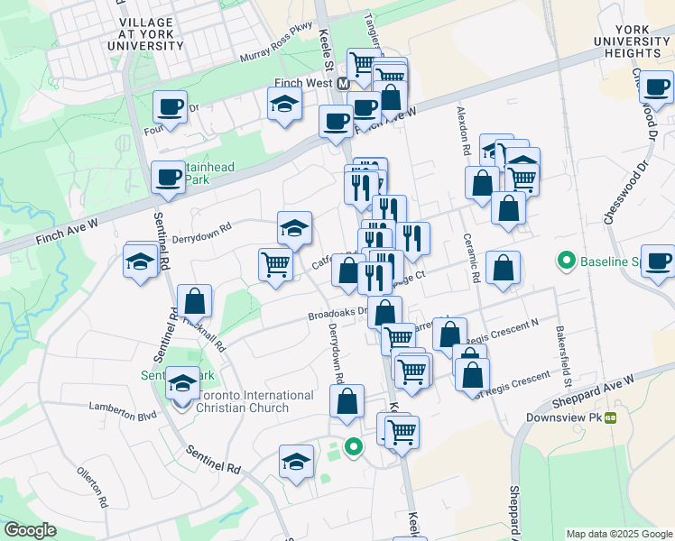 map of restaurants, bars, coffee shops, grocery stores, and more near 20 Broadoaks Drive in Toronto