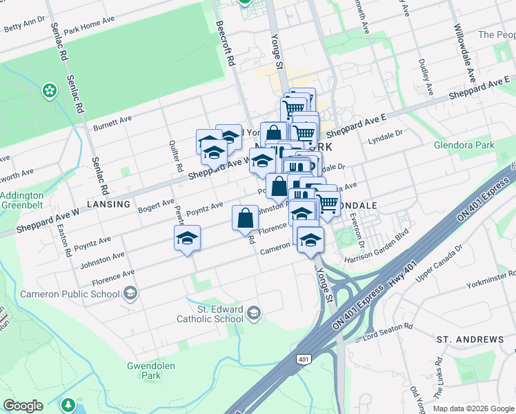 map of restaurants, bars, coffee shops, grocery stores, and more near 58 Johnston Avenue in Toronto