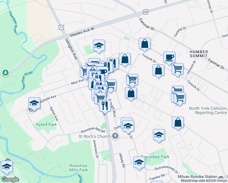 map of restaurants, bars, coffee shops, grocery stores, and more near in Toronto