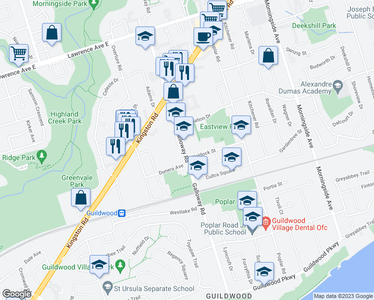 map of restaurants, bars, coffee shops, grocery stores, and more near 109 Galloway Road in Toronto