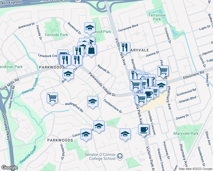 map of restaurants, bars, coffee shops, grocery stores, and more near 111 Combermere Drive in Toronto