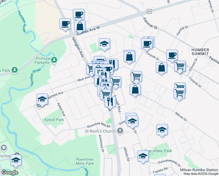 map of restaurants, bars, coffee shops, grocery stores, and more near 116 Elnathan Crescent in Toronto