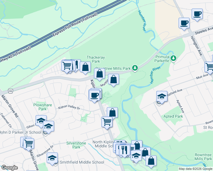 map of restaurants, bars, coffee shops, grocery stores, and more near 21 Markbrook Lane in Toronto