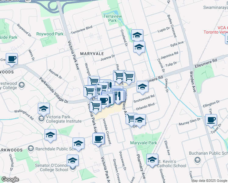 map of restaurants, bars, coffee shops, grocery stores, and more near 1366 Pharmacy Avenue in Toronto