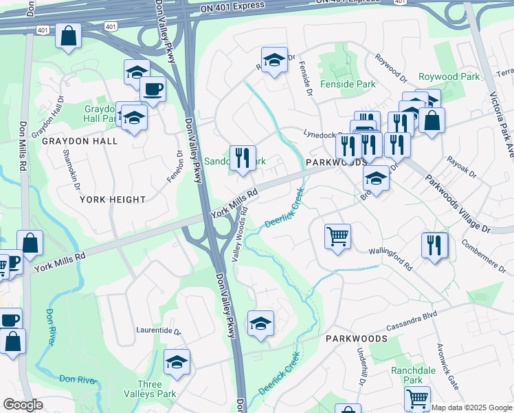 map of restaurants, bars, coffee shops, grocery stores, and more near 1210 York Mills Road in Toronto