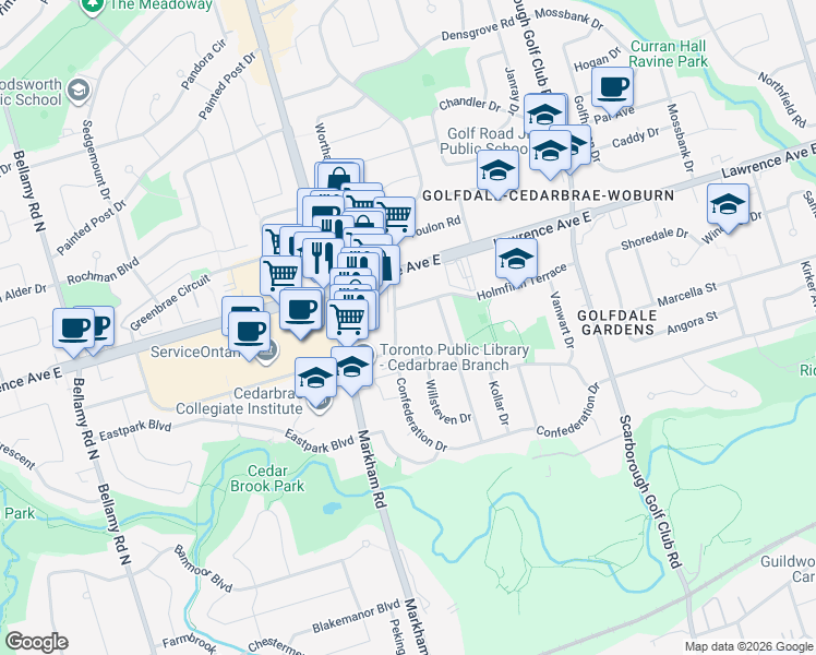 map of restaurants, bars, coffee shops, grocery stores, and more near 45 Greencrest Circuit in Toronto
