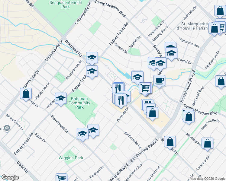 map of restaurants, bars, coffee shops, grocery stores, and more near 55 Bramalea Road in Brampton