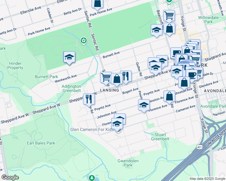 map of restaurants, bars, coffee shops, grocery stores, and more near in Toronto