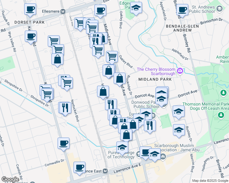 map of restaurants, bars, coffee shops, grocery stores, and more near in Toronto