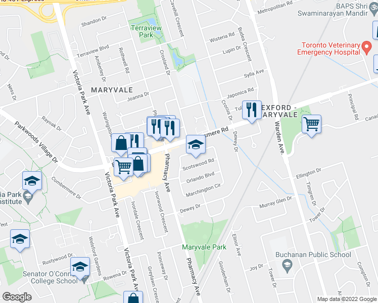 map of restaurants, bars, coffee shops, grocery stores, and more near in Toronto