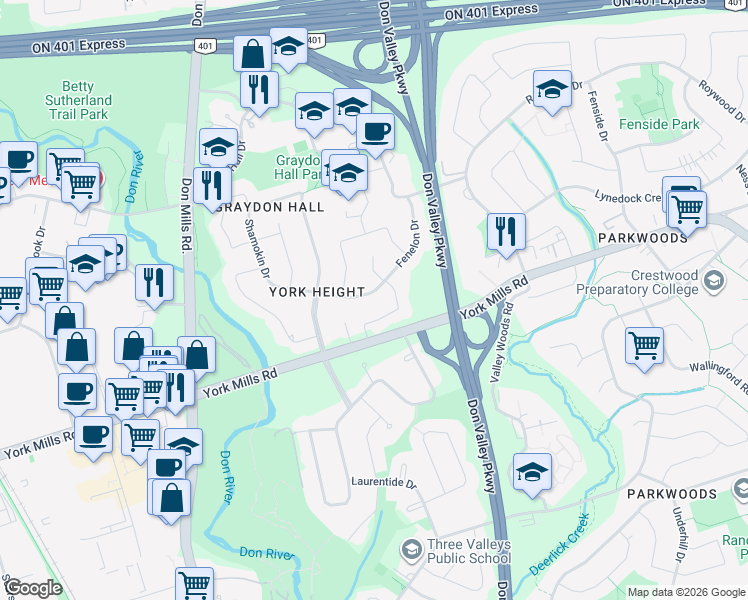 map of restaurants, bars, coffee shops, grocery stores, and more near 25 Fenelon Drive in Toronto