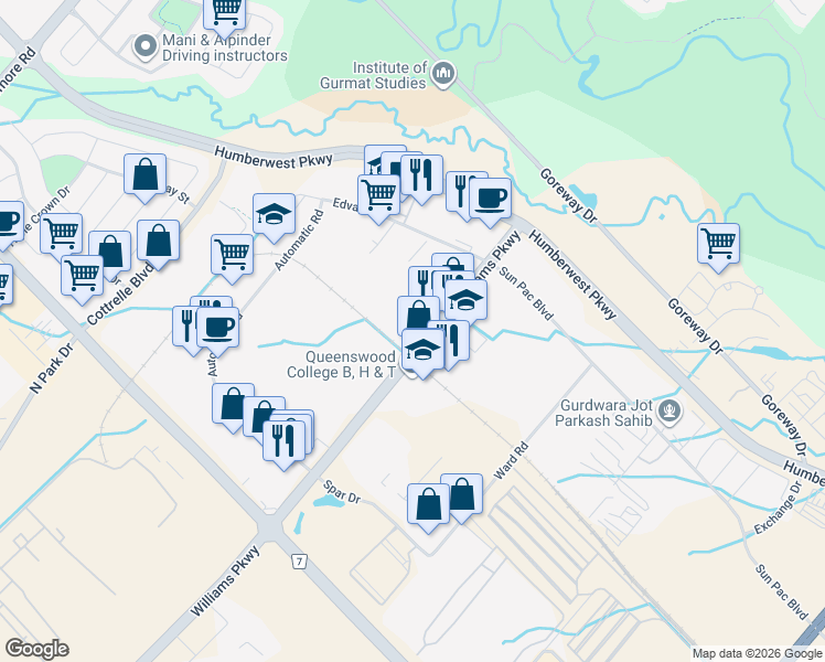 map of restaurants, bars, coffee shops, grocery stores, and more near 2500 Williams Parkway in Brampton