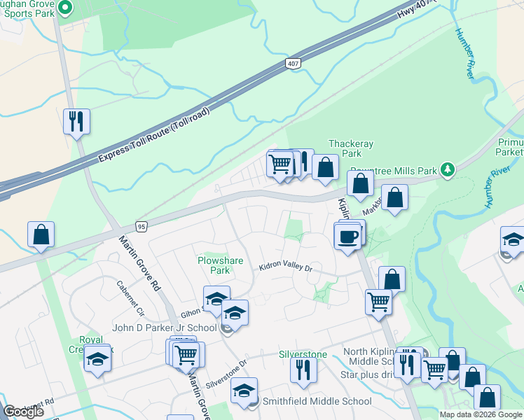 map of restaurants, bars, coffee shops, grocery stores, and more near 18 Mercedes Drive in Toronto