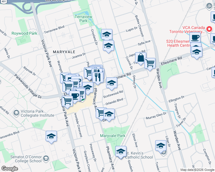 map of restaurants, bars, coffee shops, grocery stores, and more near 32 Marchington Circle in Toronto