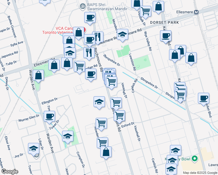 map of restaurants, bars, coffee shops, grocery stores, and more near in Toronto