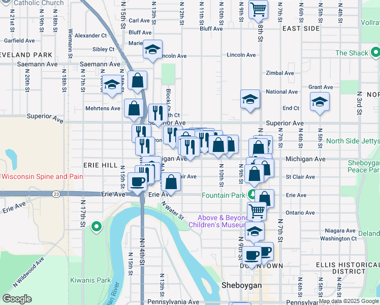 map of restaurants, bars, coffee shops, grocery stores, and more near 1117 Huron Avenue in Sheboygan