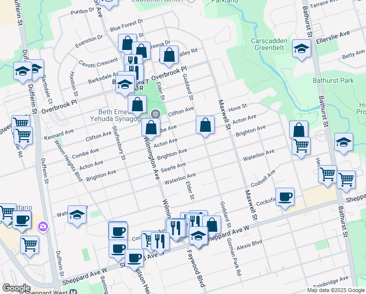 map of restaurants, bars, coffee shops, grocery stores, and more near 186 Brighton Avenue in Toronto
